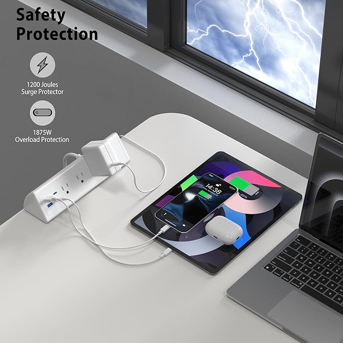 Jgstkcity Desk Clamp Power Strip,20W Fast Charging Station,Surge Protector Nightstand Edge Mount,1875W Extension Cord with Multiple Outlets,2 USB-C,2 USB-A,for Home Office (White, 10 FT)