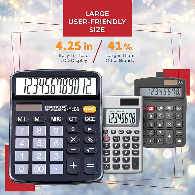 CATIGA Desktop Calculator (2 Pack) 12 Digit with Large LCD Display and Sensitive Button, Solar and Battery Dual Power, Standard Function for Office, Home, School, CD-2786 (2 Black)