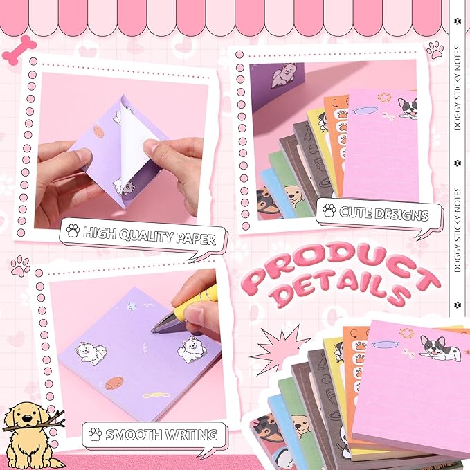 9 Pads Dog Sticky Notes 3x3 Inch Cute Self Stick Notepads Notes Adhesive Memo Pad Office Decor Gifts for Students School Teacher Meeting Office Supplies
