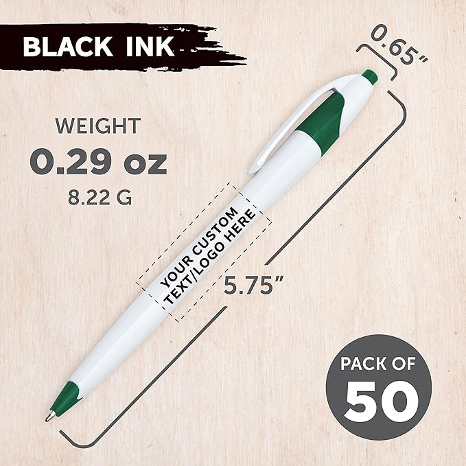 DISCOUNT PROMOS Custom Slim Curvy Ballpoint Pens Set of 50, Personalized Bulk Pack - Black Ink, Retractable, Great for Office, School, Tradeshows - Green