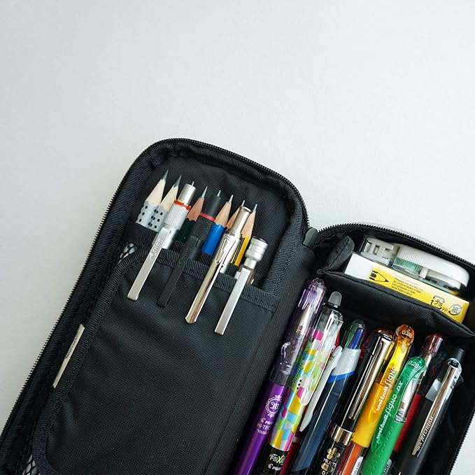 LOONLOON 663 Stone Pencil Case Black – Large Capacity Multi-Section Pen Pouch with Divider, School, College, Office, Student Stationery Organizer