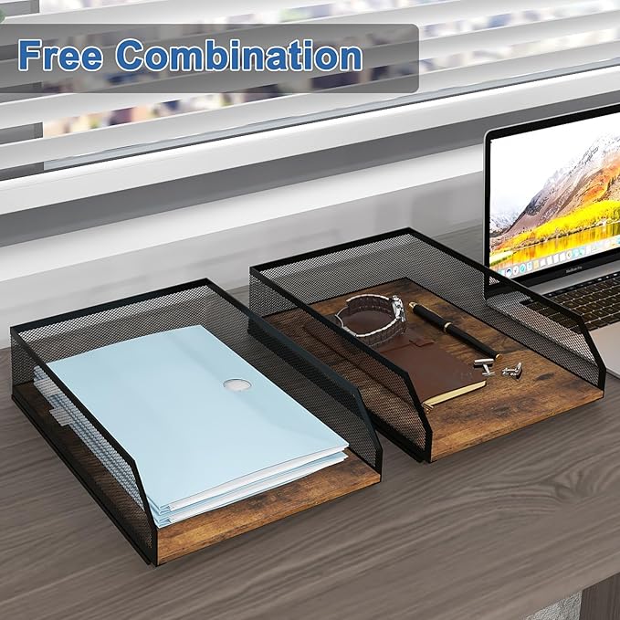 Natwind 2-Tier Stackable Paper Tray, Metal Mesh Desktop Organizer, Wood Board Paper Sorter, Letter Trays,File Document Storage Rack for for Home, Office, School (Retro)