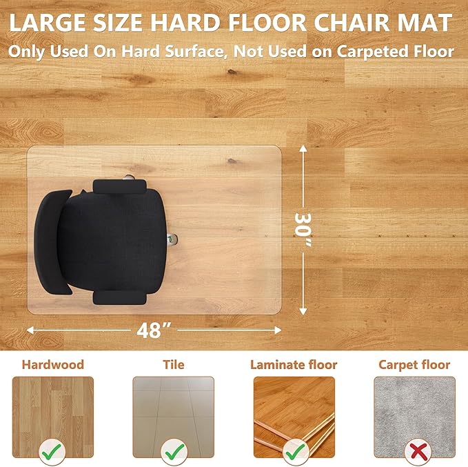 HOMEK Office Chair Mat for Hardwood Floor, 48”x 30” Vinyl Desk Chair Mat Clear Floor Protector Mat for Rolling Chair Office & Home, Easy Glide and Flat Without Curling