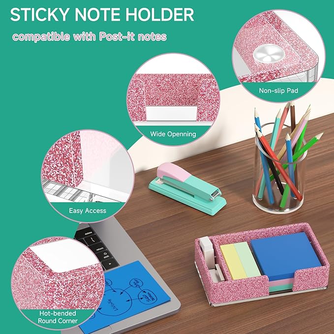 Sticky Note Holder with Pen Slot, Glitter Pink Acrylic Notepad Holder 4x6 in Self-Stick Note Dispenser Office Desk Accessories, Memo Pad Holder Organizer for Classroom School Supplies