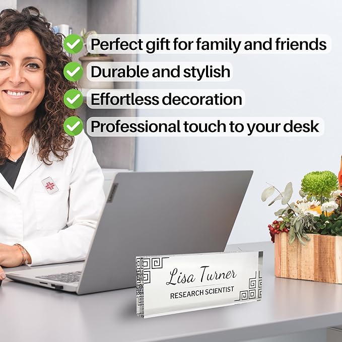 Customized Clear Acrylic Thick 8x3" Desk Name Plate Block with Personalized Logo - Professional Office Decor - Customized Acrylic Plate Gift for Teacher Co-workers, Christmas Gifts, Holiday Gifts (Greek Key Corners)