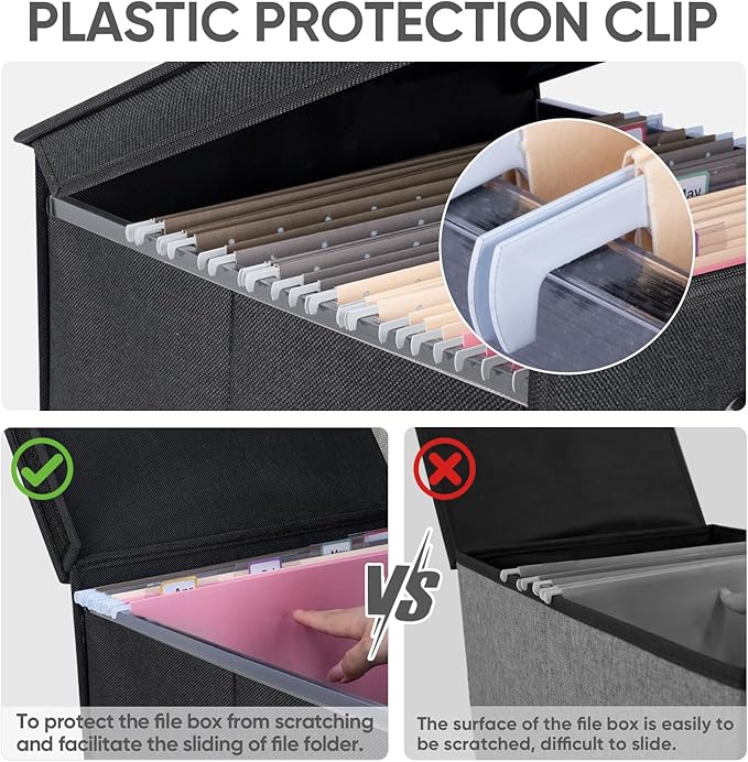 BALEINE File Organizer Box with Lid, Collapsible File Folder Organizer with Plastic Slide, Hanging File Folder Box for Office Document Storage (Tab Friendly, 1 Pack, Black)