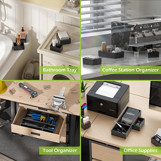 Bathroom Drawer Organizer Trays, Bamboo Drawer Organizer Kitchen Utensils Silverware Organizer, 8 PCS Wood Box Stackable Bins for Makeup, Office Desk, Junk Drawer (Black)