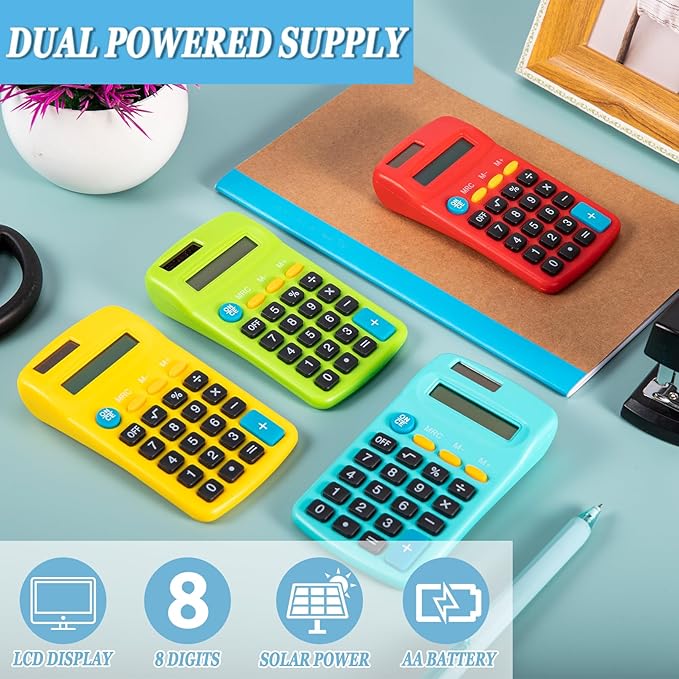 18 Pack Mini Pocket Calculators, Solar & Battery Power, 8 Digit Display, Bulk for Students, Kids, School, Home, Office (9 Colors)