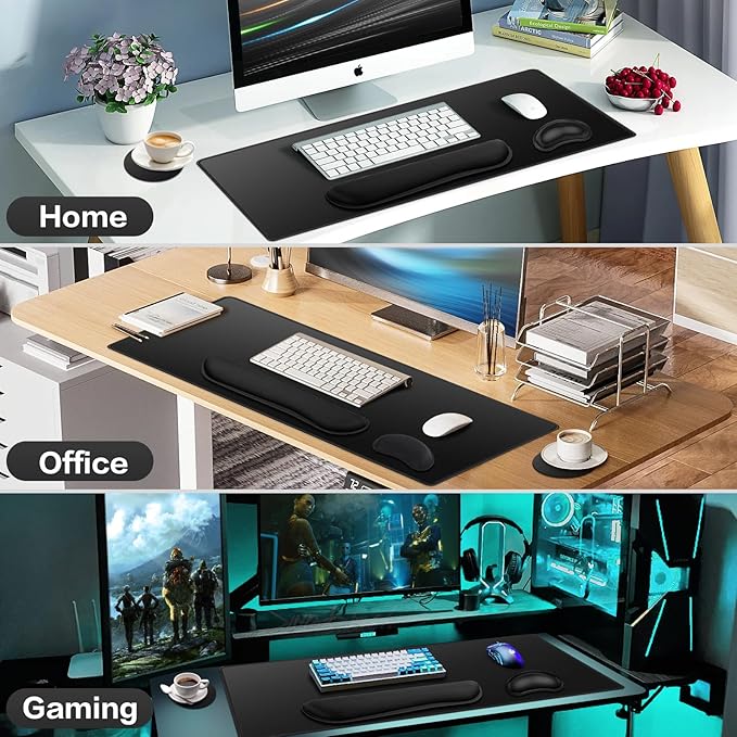 Mouse Pad Black, Mouse Pad with Wrist Rest, 4-in-1 Large Mousepad+Keyboard Wrist Rest+Mouse Pad Wrist Support+Cup Pad Set,Ergonomic Anti-Slip,Memory Foam Desk Mat for Home Office Gaming(35.4×15.7in)