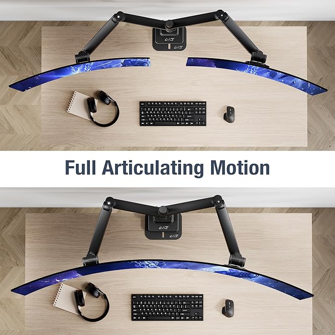 AVLT Dual 57 Inch Heavy Duty Stacking Monitor Arm Pole Top Mount With USB-C USB-A Ports-Black, Height Adjustable, Easy Install Top C-Clamp/Grommet With Reinforcement Plates, VESA Compatible 200/100/75