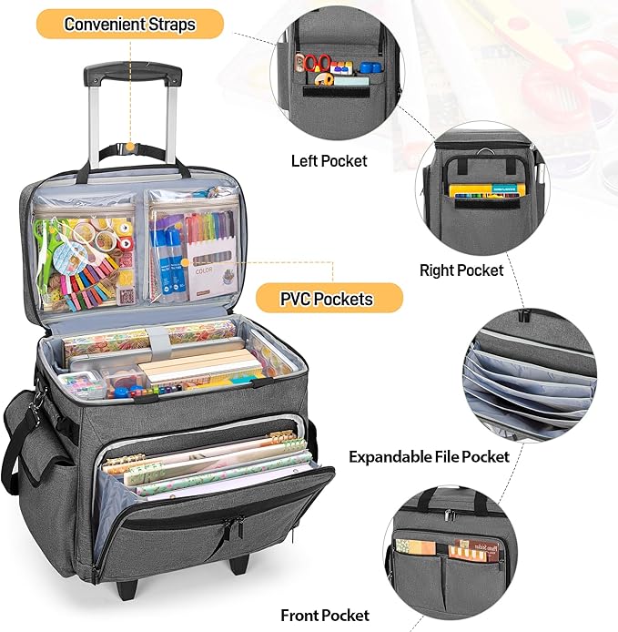 Trunab Rolling Scrapbook Tote with Expandable File Pocket, Large Craft Organizer and Storage Bag with Detachable Trolley for Scrapbooking Supplies and Art Tools (Patented Design)