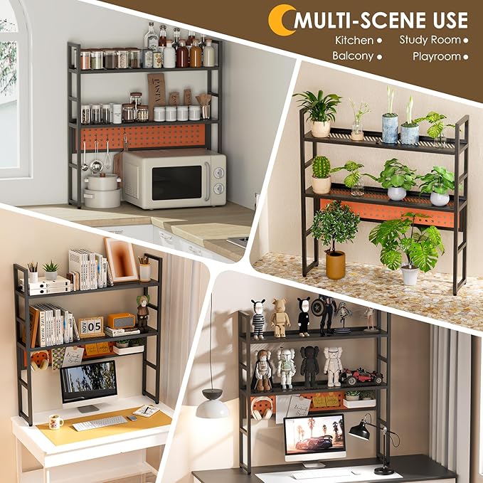 Desk Shelf, 35.43" Desk Hutch Bookshelf, Desktop Shelf with Pegboard for Computer Monitor, Metal Desktop Hutch Storage Organizer for Dorm Home Office, 2 Tier Bookcase, Black