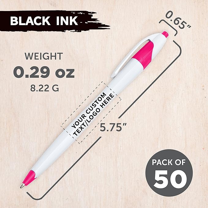 DISCOUNT PROMOS Custom Slim Curvy Ballpoint Pens Set of 50, Personalized Bulk Pack - Black Ink, Retractable, Great for Office, School, Tradeshows - Pink