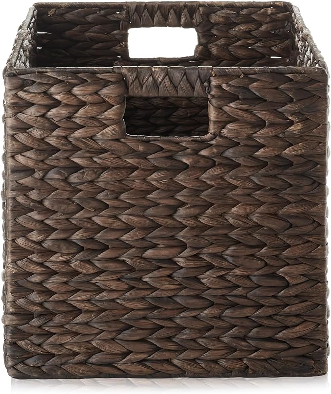 Casafield 12" x 12" Water Hyacinth Storage Baskets, Espresso - Set of 2 Collapsible Cube Organizers, Woven Bins for Bathroom, Bedroom, Laundry, Pantry, Shelves
