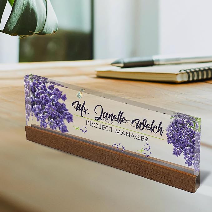 Artblox Personalized Office Desk Name Plate and Business Card Holder | Clear Acrylic Glass with Teak Wood Stand | Lavender Flowers Design Customized with Your Name and Credentials Office Desk Décor