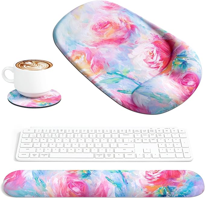 Ospelelf Wrist Rest for Keyboard and Mouse Ergonomic Mouse Pad with Wrist Support Memory Foam Wrist Rest for Computer Keyboard,3-in-1 Gel Mouse and Keyboard Pad for Office Colorful Rose