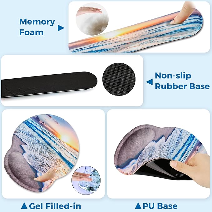 Mouse Pad and Keyboard Wrist Rest Support, with Non-Slip PU Base,Gel Mouse Pad with Coaster,Pain Relief for Gaming, Computer,Office -Beach