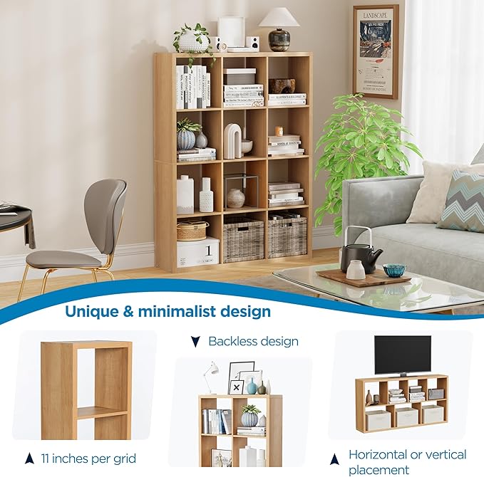 12-Cube Storage Organizer, Wooden Cube Shelf Bookcase with Reinforced Thick Shelves, Heavy-Duty 36.93" L x 9.37" W x 48.82" H, for Living Room Bedroom Home Office, Natural-Oak