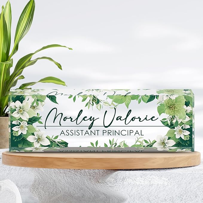 Custom Name Plate for Desk | Personalized Desk Name Plate | Personalized Boss Employee Appreciation Gifts | Acrylic Name Plate Office Desk Accessories (B-Green Flower)
