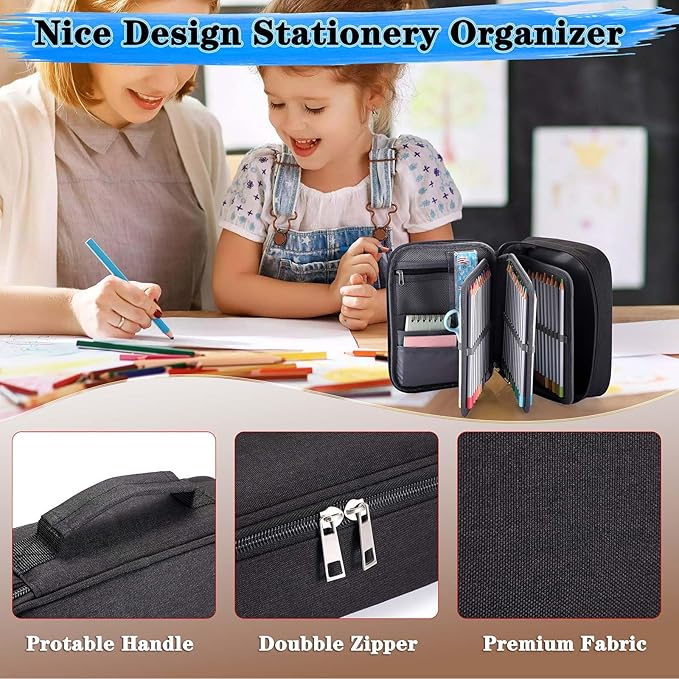 BTSKY® High Capacity Zipper Case- Multi-Functional for Stationery and Pencil, 72 Slots Colored Portable Bags With 2 Removable Sleeves(Black)