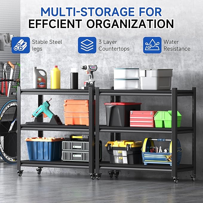 3 Tier Adjustable Garage Storage Shelving,Heavy Duty Utility Rack Shelf Unit on 4 Wheel Casters,Standing shelves for Garage, Home, Pantry,Kitchen,Warehouse,Bathroom & Laundry,Storage Rack - Black