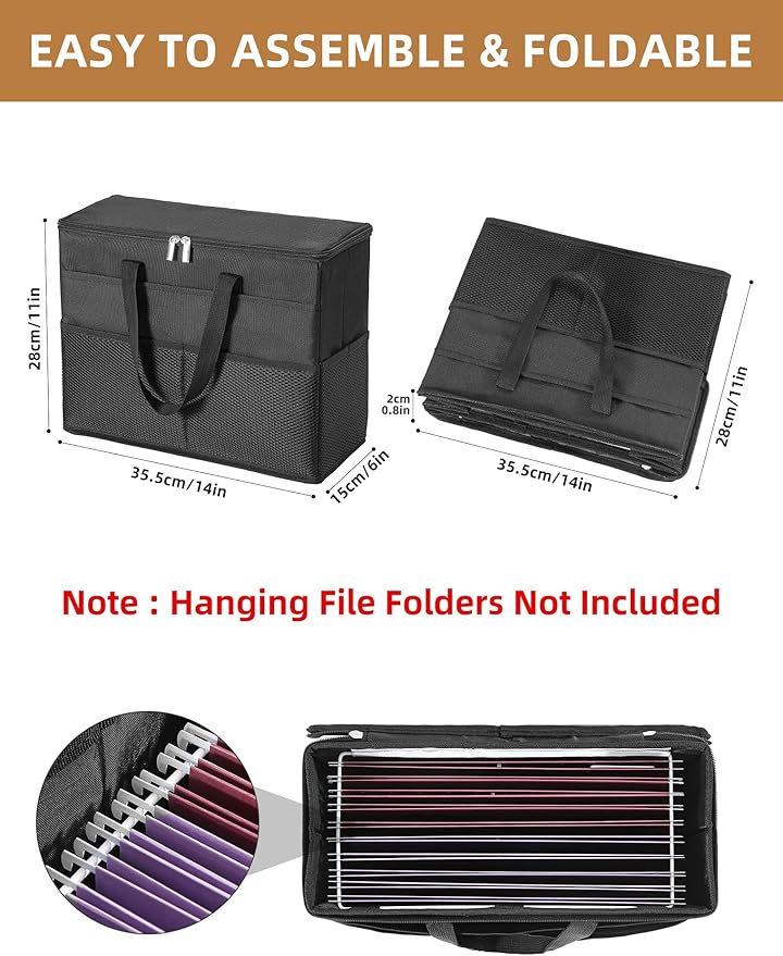 Qozary 2 Pack File Folder Organizer Box-Hanging File Tote Bag With Lids, Collapsible Portable Filing Organizer Box With Handle, Document Storage Bag For Office,Home,Travel, School