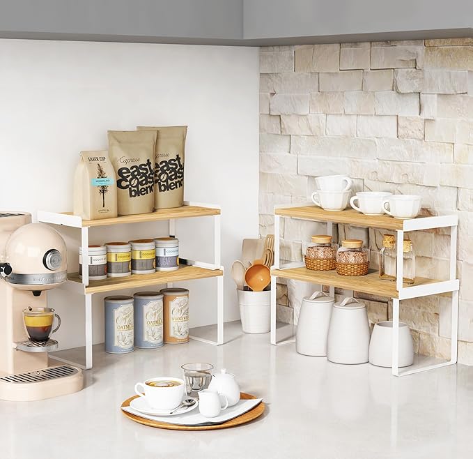 Kitchen Cabinet Organizer Shelf Set of 4, Large Stackable Pantry Cupboard Countertop Storage and Organizer, Desk Shelf Riser, Spice Plate Cup Expandable Storage Rack (Bamboo White)