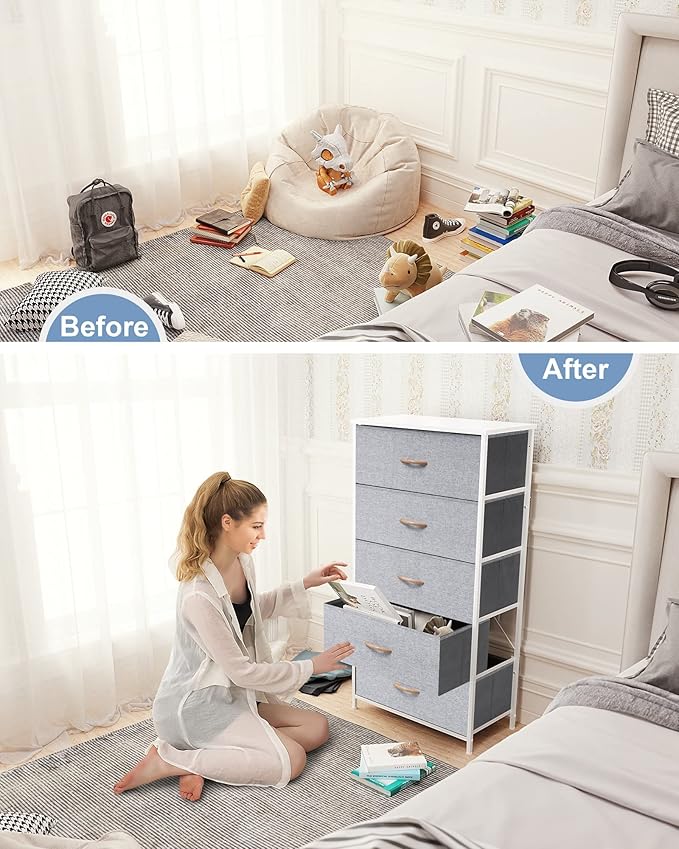 Crestlive Products Vertical Dresser Storage Tower - Sturdy Steel Frame, Wood Top, Easy Pull Fabric Bins - Wide Organizer Unit for Bedroom, Hallway, Entryway, Closets - 5 Drawers(Light Gray)