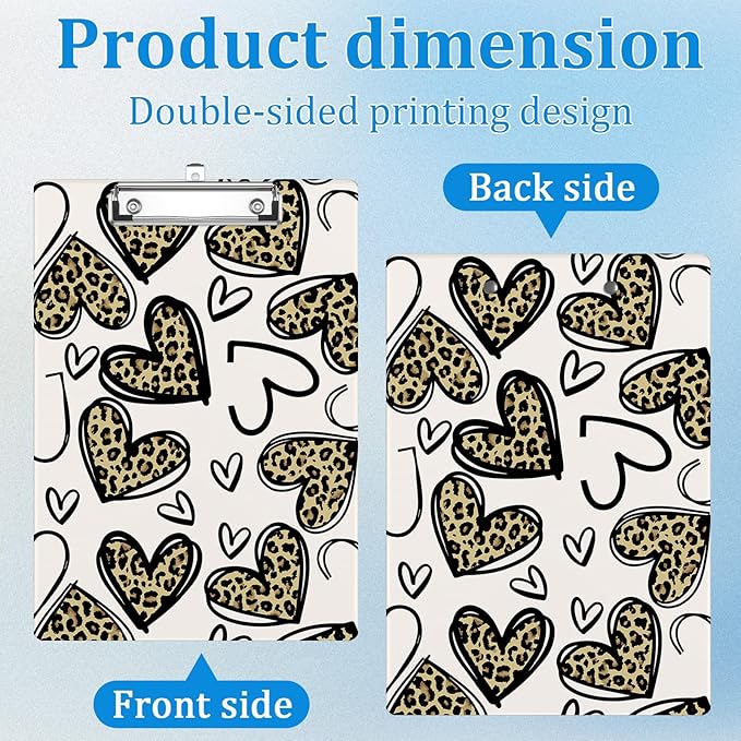 Brown Black Heart Leopard Clipboard Decorative Clip Board with Metal Clip A4 Standard Size 12.5" X 8.7" for Teacher Students Nurses Office