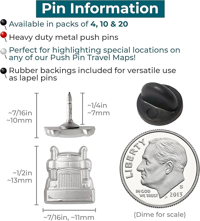 Semi-Truck Push Pins - for Cork Board, Maps, or Lapel Pin Use - Designed in USA - Silver Metal Semi-Truck Pins - Set of 10