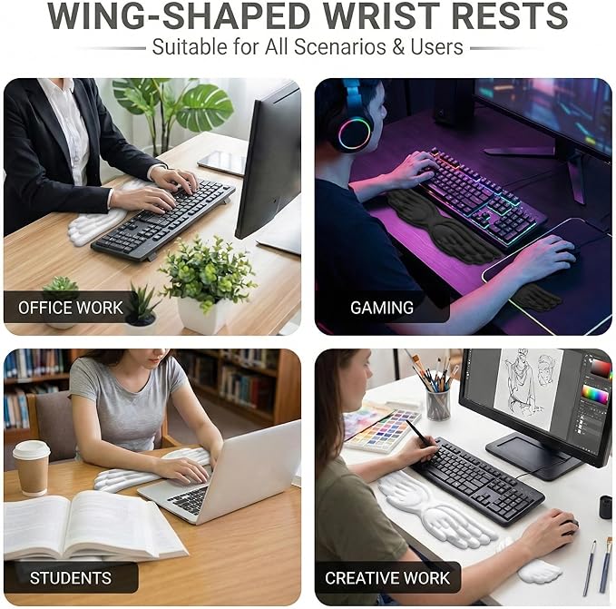 Angel Wing Keyboard Wrist Rest Set, 3 Piece Cloud Wrist Rest for Computer Keyboard with Mouse Wrist Rest and Coaster, PU Leather Memory Foam Wrist Support for Office, Home and Gaming (White - A)