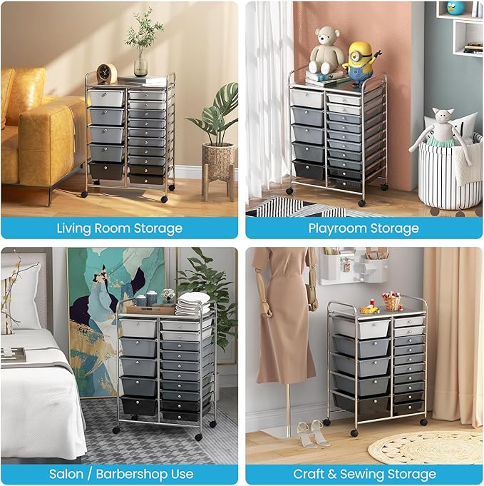 ARLIME 15-Drawer Storage Cart, Grey, Metal and Plastic Frame, Polypropylene Boxes, Rolling Organizer for Office and School