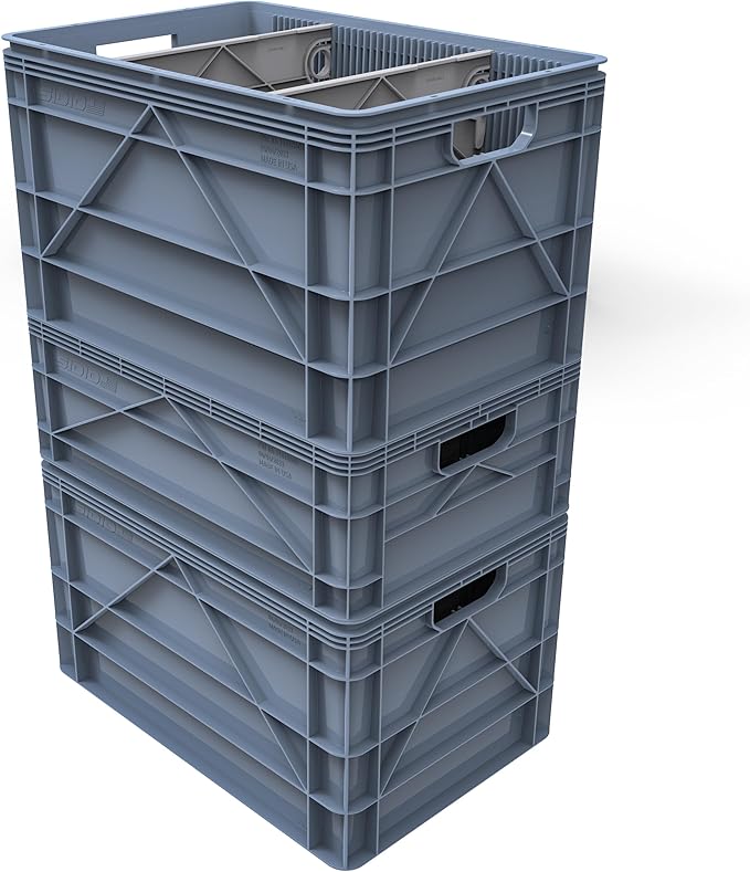 SIDIO CRATE Basic Pack - Two Full Size and One Half Size SidioCrate, Stackable Outdoor Organizer Storage Bins with Dividers - Navy Gray