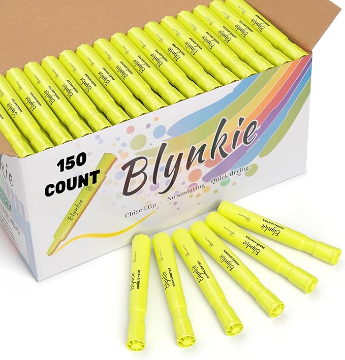 Blynkie Highlighters Bulk 150 Pack of Yellow Colors Tank Style Chisel Tip Highlighters Set for Kid and Adult Coloring Highlighting for Classroom Office School Supplies and Shop Short Style.