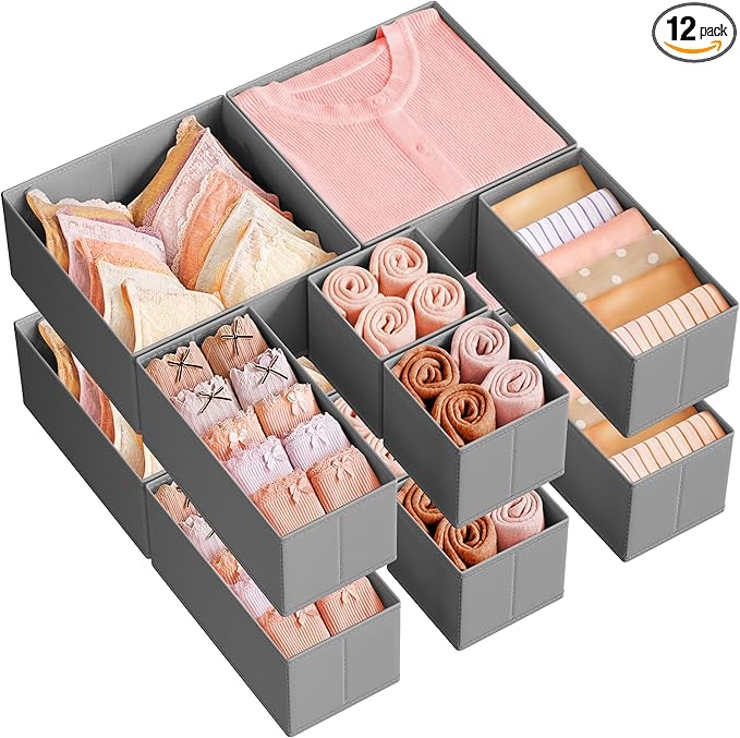 SONGMICS Drawer Organizer, Dresser Drawer Organizers, Set of 12, Foldable Fabric Storage Bins for Socks, Underwear, Bras, Ties, Scarves, Dove Gray URDZ006G02