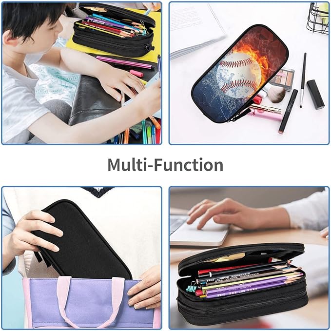 Baseball Pencil Case for Boys, Sports Themed Pencil Box for Kids Adults, Large Capacity Black Pencil Pouch Stationery Organizer Multifunction Bag for School Business Office