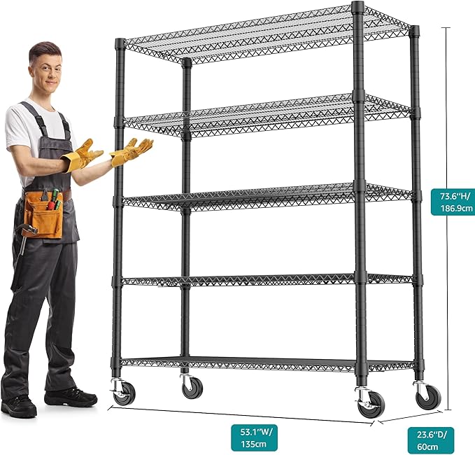 5 Tiers Shelf 3300 lbs Steel Storage Shelving Utility Shelving Unit Steel Organizer Wire Rack for Home,Kitchen,Office,Garage Black 23.6" D x 53.1" W x 73.6" H