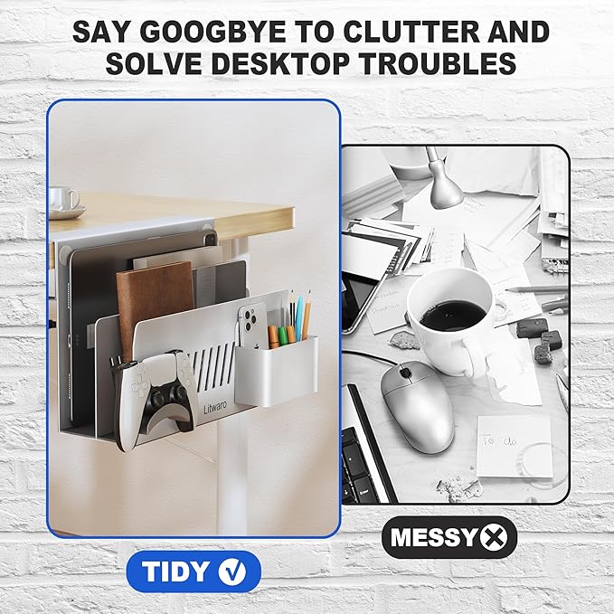 Litwaro Desk Side Storage Organizer, 2 Tier Under Desk Laptop Holder No Drill, Laptop Mount with Magnetic Pen Holder, Hanging Desk Organizer Fits Flat Edge Desks 0.4" to 2.1" (White)