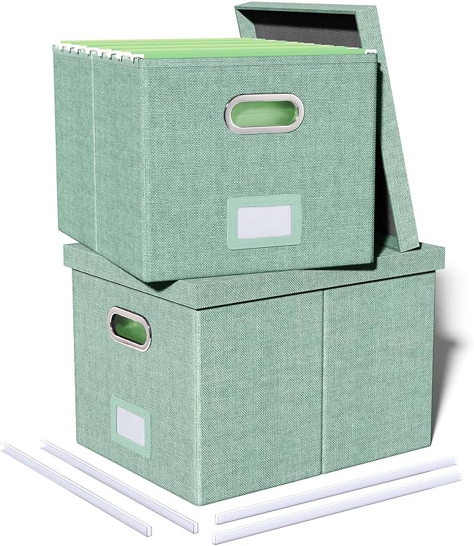 2 Pack File Storage Organizer, Filing Box, Portable File Box with Lid, Fit for Letter/Legal File Folder Storage, Document Organizer, Green