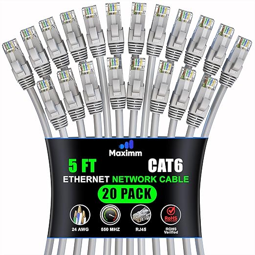Maximm Cat 6 Ethernet Cable 5 ft (20-Pack) - High-Speed LAN Cable, Internet Cable, Patch Cable, and Network Cable - UTP, 10Gbps, 550MHz Ethernet Cord - Gray