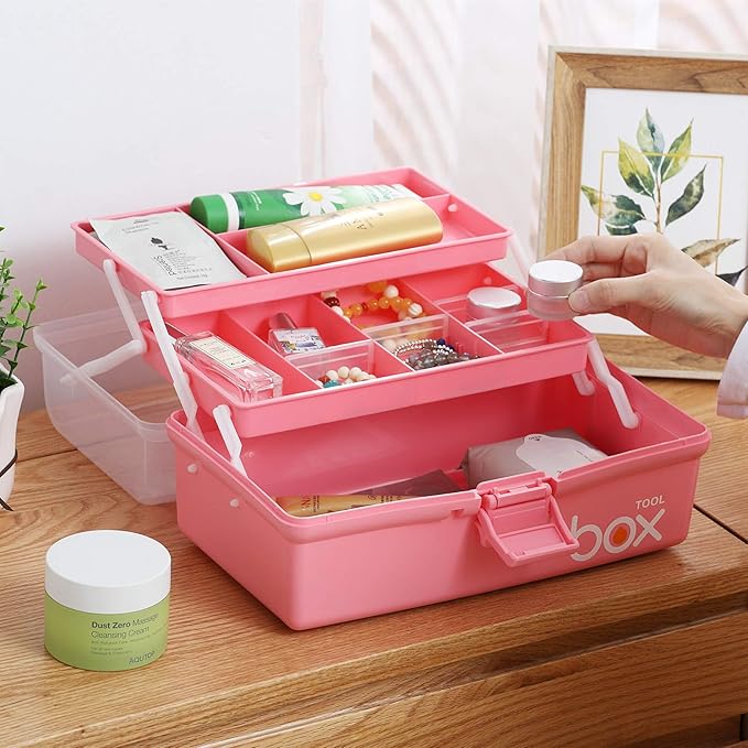 2PCS 12'' Three-Layer Clear Plastic Storage Box/Tool Box, Multipurpose Organizer and Portable Handled Storage Case for Art Craft and Cosmetic (Pink)