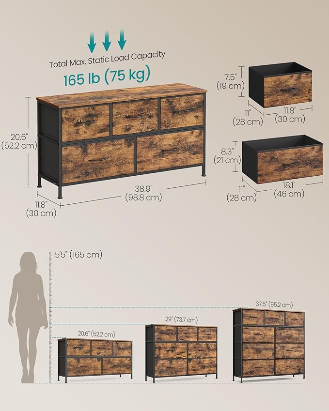 SONGMICS Dresser for Bedroom, Chest of Drawers, Steel, MDF, 5 Non-Woven Fabric Drawers, Storage Organizer Unit, Closet, Entryway, Rustic Brown and Ink Black ULGS322B02S