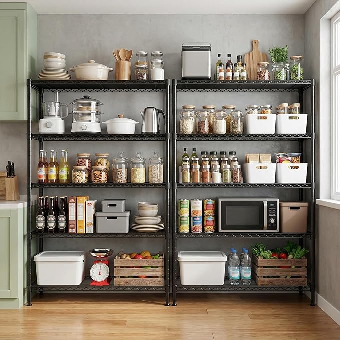 5 Tiers Shelf Metal Storage Shelves Standing 1750 LBs Household Shelf Organizer for Kitchen Pantry Closet Garage Basement Utility Room, Black15.7 D x 45.3" W x 70.4" H