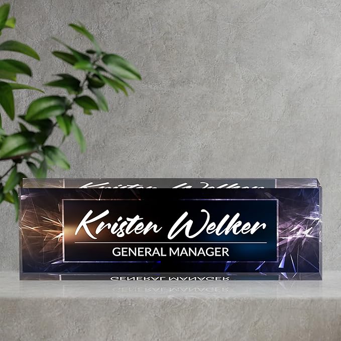 Personalized Desk Name Plate, Custom Acrylic Glass Name Plates for Desks, Office Desk Decor Nameplate, Desk Accessories, Teacher Boss Coworkers Employee Appreciation Gift (Modern Deep Blue)