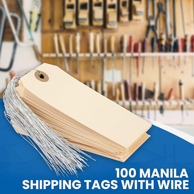 Perco Manila Shipping Tags with Metal Wires — Large Durable Blank Paper Tags 4¾″ x 2⅜″ — Ideal for Labeling and Inventory Use — Box of 100