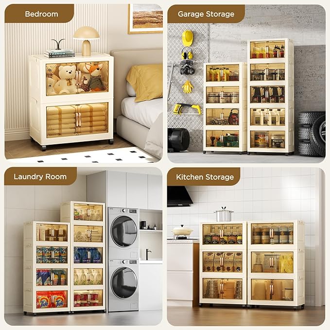 102QT Plastic 5 Tier Storage Bins with Lids,Folding Storage Box with Doors and Wheels Stackable Storage Bins,Closet Organizers and Storage for Living Room,Office,Dorm