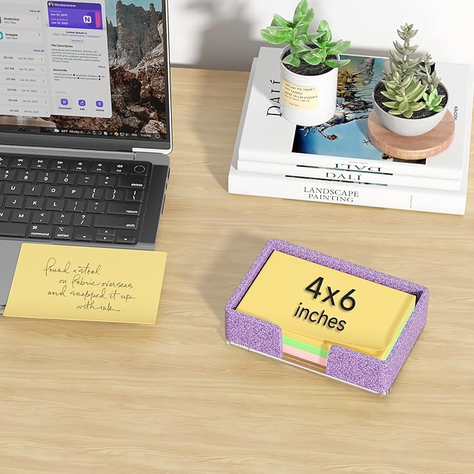 Sticky Note Holder, Glitter Purple Acrylic Notepad Holder 4x6 in Self-Stick Note Dispenser Office Desk Accessories, Memo Pad Holder Organizer for Classroom School Supplies