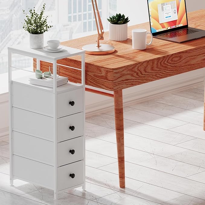 YBING Narrow Dresser for Bedroom, Slim Side Table with Drawer, Dresser Storage Cabinet with 4 Fabric Drawers, Chest of Drawers for Small Space, White