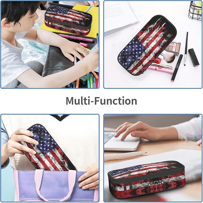 Kids Pencil Case for Boys Girls, Usa Flag Style Pencil Pouch Big Capacity Black Portable Pencil Box Stationery Storage Desk Pen Bag for School Office