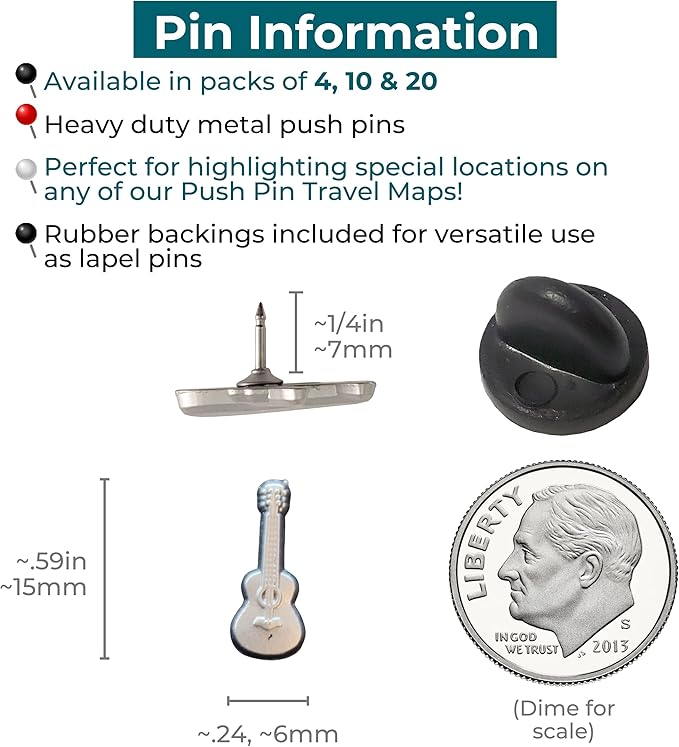 Guitar Push Pins - Silver Guitar Map Pins for Cork Boards, Maps, or Lapel Use - Designed in USA - Set of 20